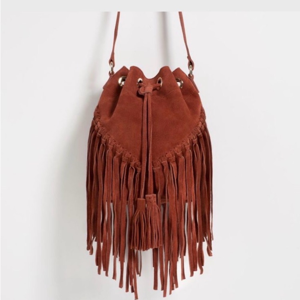 Zara Rust Colored Suede Fringe Adjustable Strap Crossbody with Drawstring  OS